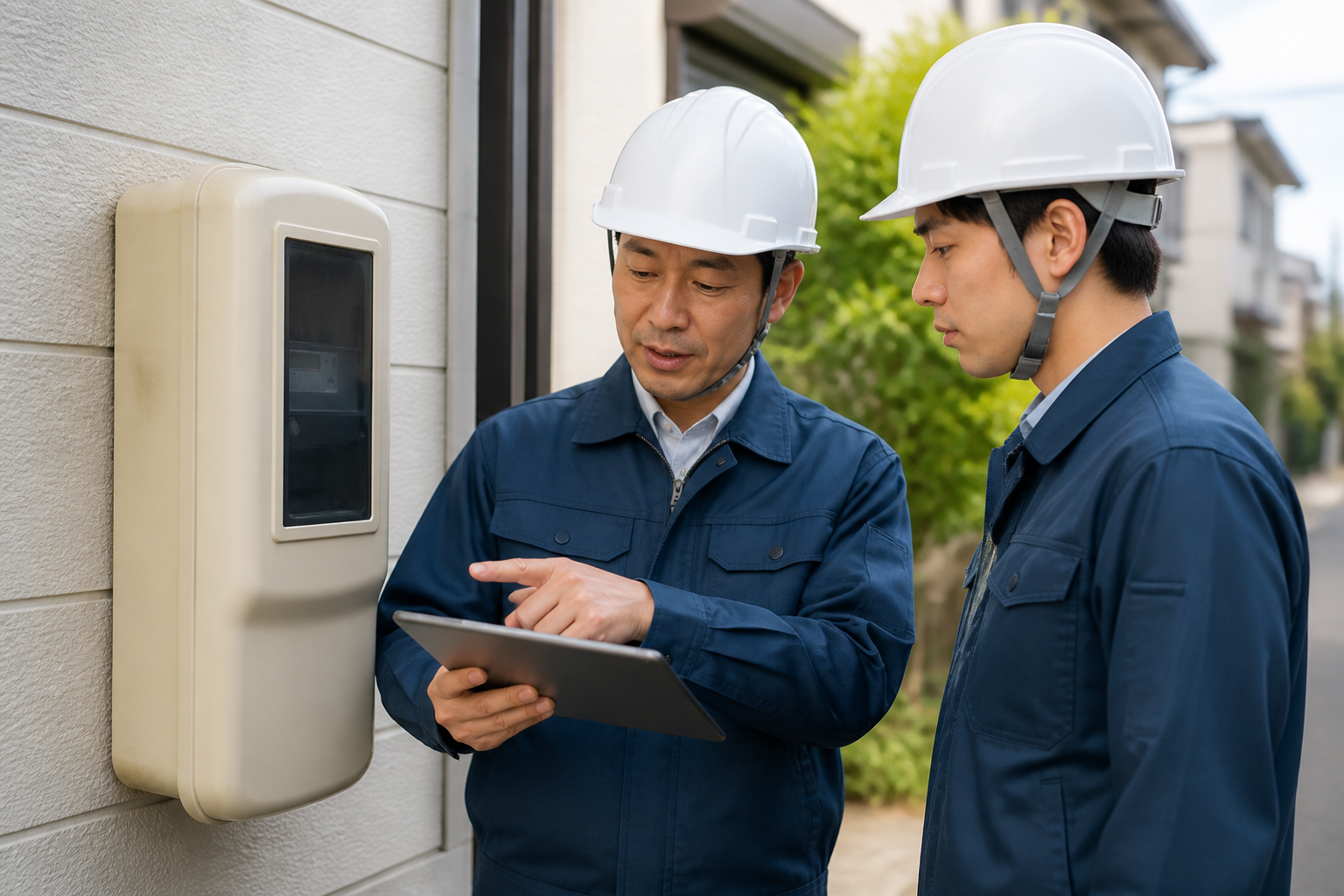 電気メーターの前で先輩から作業確認を受けるスタッフのイメージ