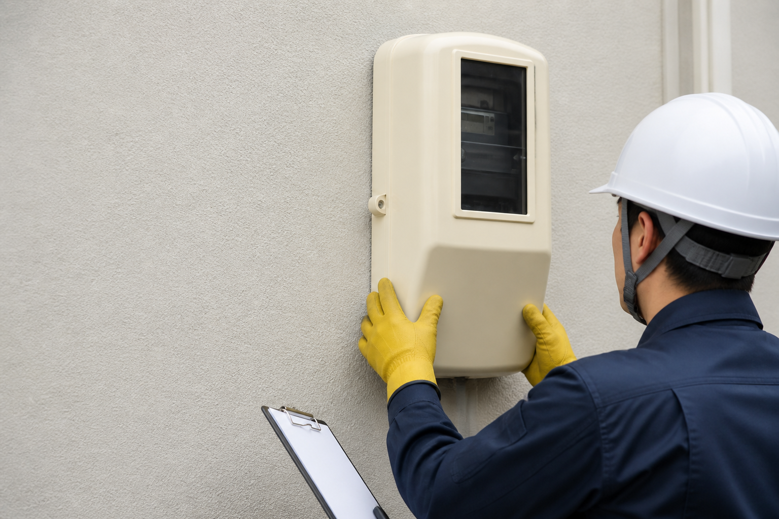 住宅の電気メーターを両手で確認する作業員のイメージ